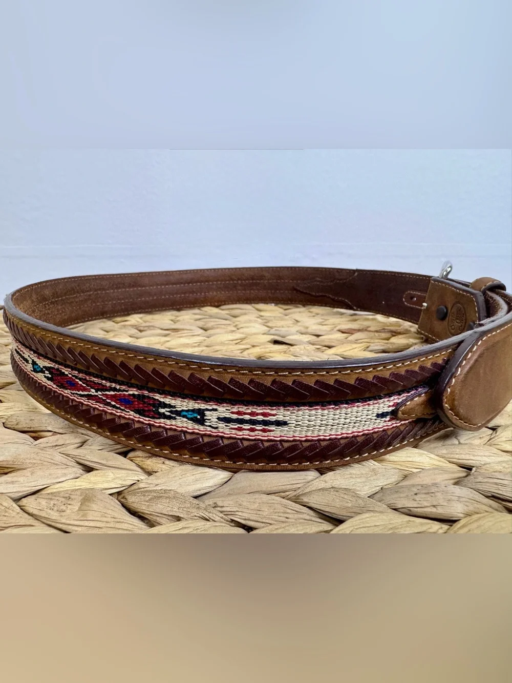Silver Creek Men's Leather Western Belt Size 34 Southwestern Woven Brown